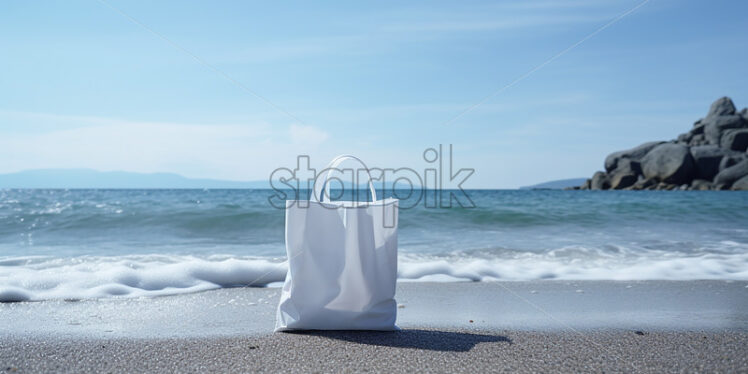 A white recyclable Tote bag on an ocean beach - Starpik Stock