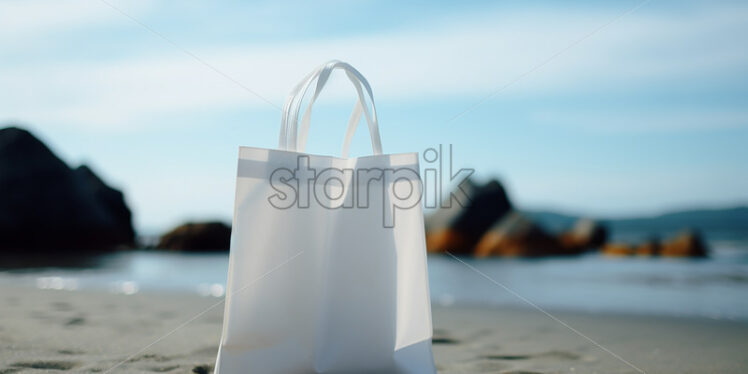 A white recyclable Tote bag on an ocean beach - Starpik Stock