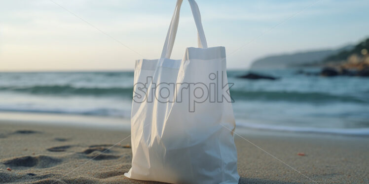 A white recyclable Tote bag on an ocean beach - Starpik Stock