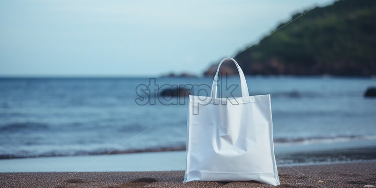 A white recyclable Tote bag on an ocean beach - Starpik Stock
