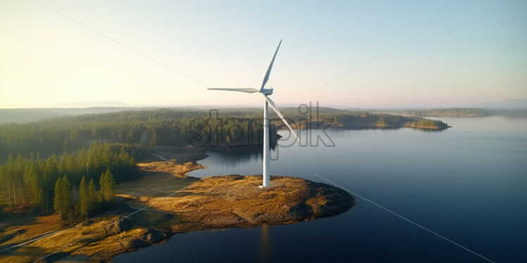 A wind turbine on the shore of a lake - Starpik Stock