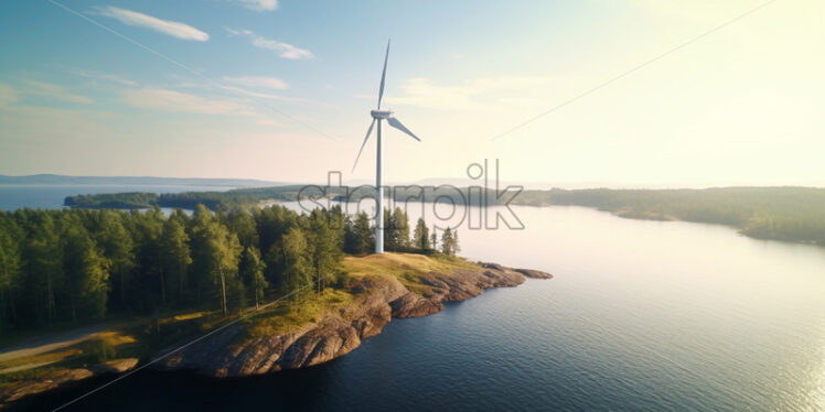 A wind turbine on the shore of a lake - Starpik Stock