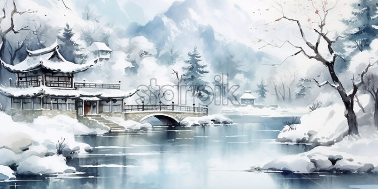 A winter landscape from ancient China, watercolor - Starpik Stock