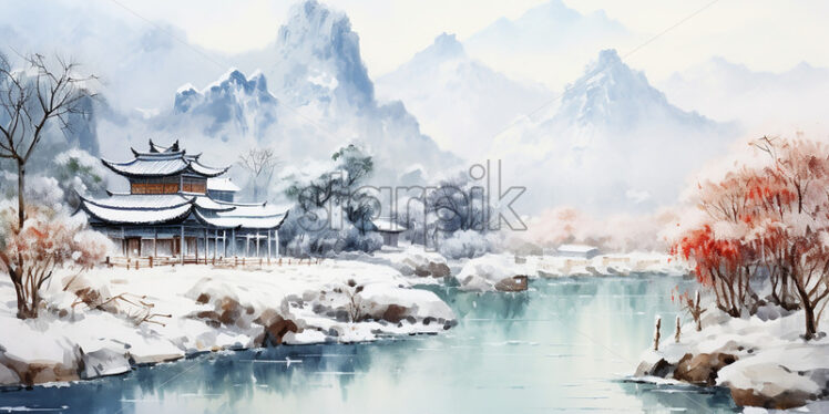 A winter landscape from ancient China, watercolor - Starpik Stock