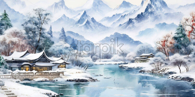 A winter landscape from ancient China, watercolor - Starpik Stock