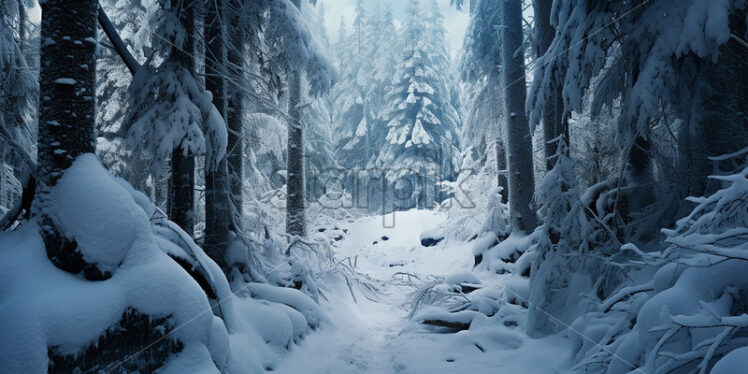 A winter landscape in a forest with a lot of snow - Starpik Stock