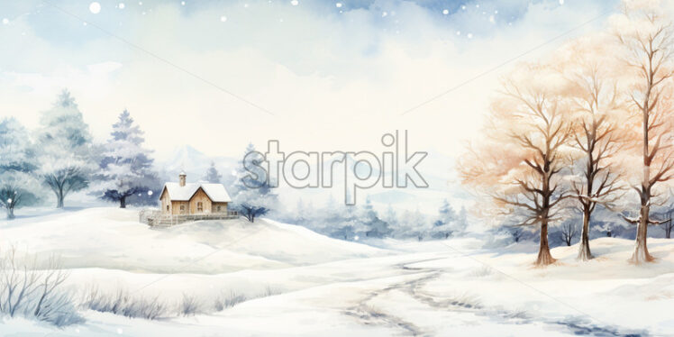 A winter landscape of a house in the forest, watercolor painting - Starpik Stock