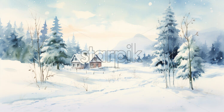 A winter landscape of a house in the forest, watercolor painting - Starpik Stock