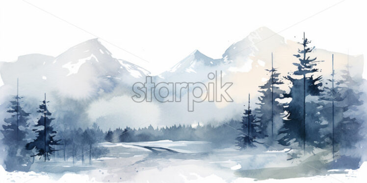 A winter mountain landscape in watercolor, clipart style - Starpik Stock