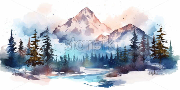 A winter mountain landscape in watercolor, clipart style - Starpik Stock