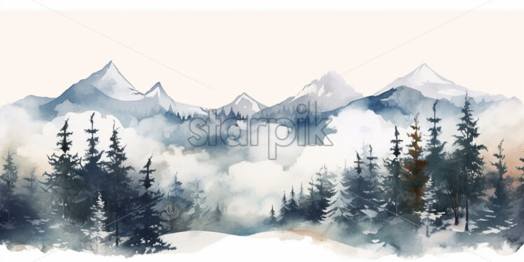 A winter mountain landscape in watercolor, clipart style - Starpik Stock