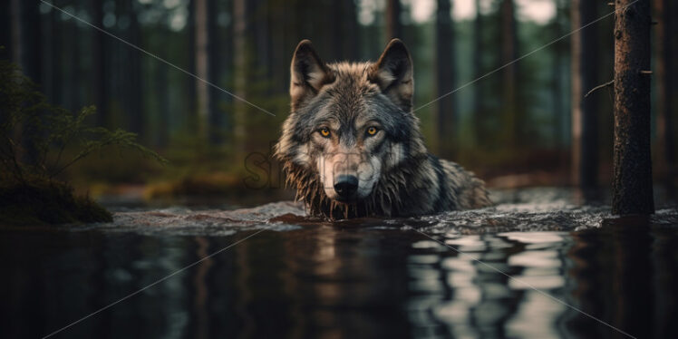 A wolf swimming in the water - Starpik Stock