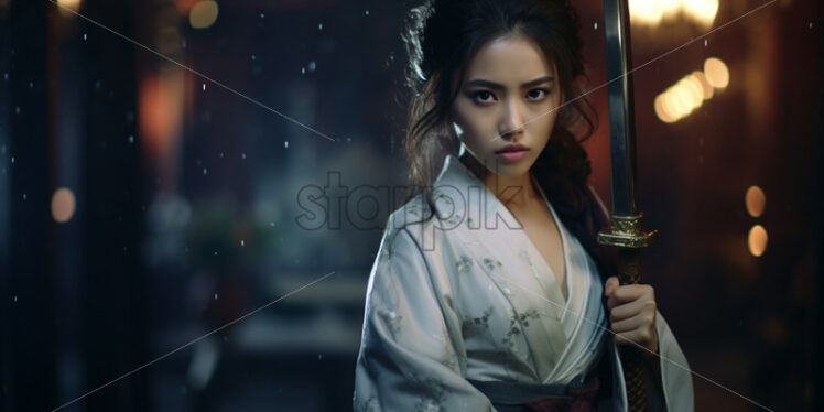 A woman in a kimono with a sword in her hand - Starpik Stock