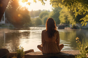 A woman meditating on the shore of a lake - Starpik Stock