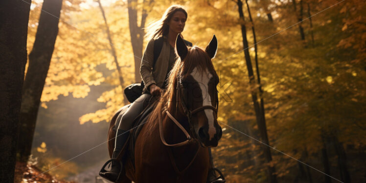 A woman rides a horse through an autumn forest - Starpik Stock