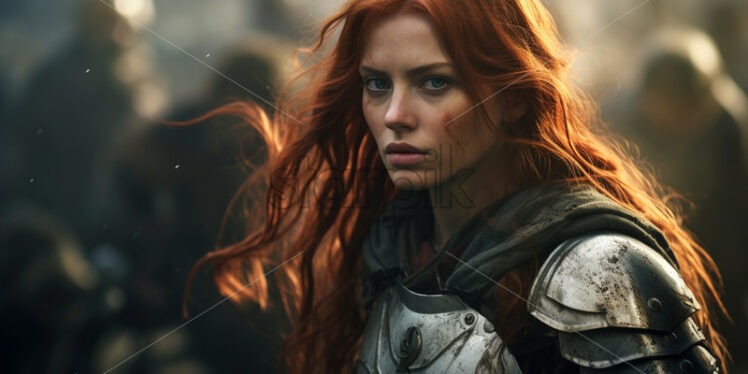 A woman with long red hair in armor on a battlefield - Starpik Stock