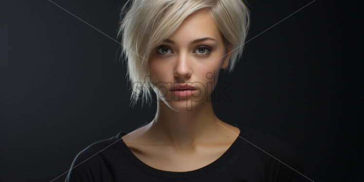 A woman with short blond hair on a black background - Starpik Stock