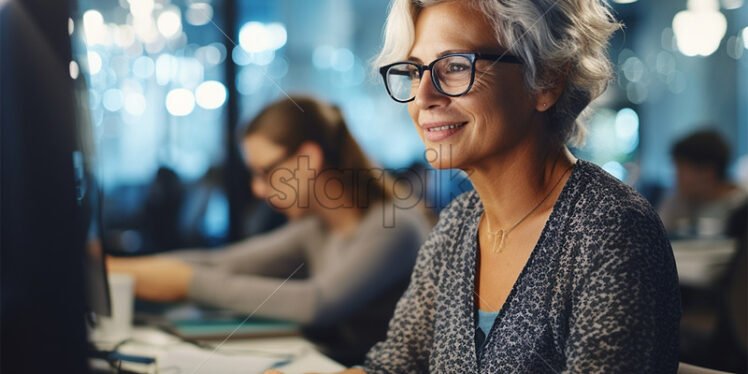 A woman working in IT company, gray hairs, wearing glasses generated by AI - Starpik