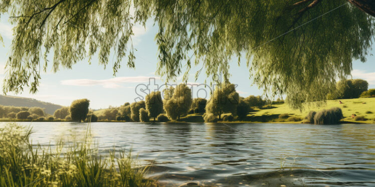 A wonderful landscape with a willow tree on the shore of a lake - Starpik Stock