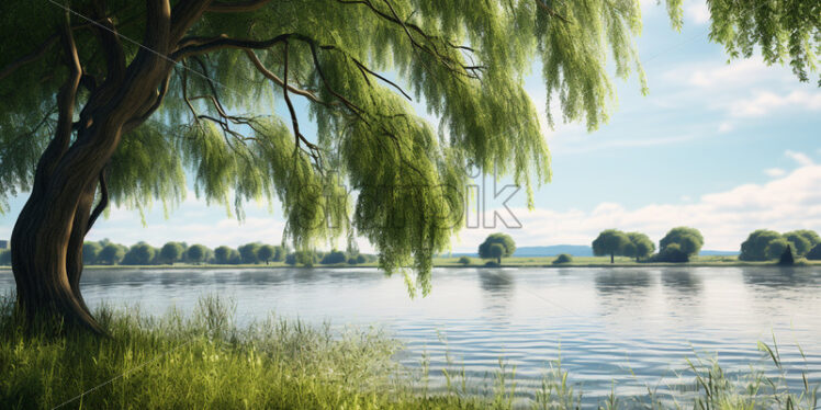 A wonderful landscape with a willow tree on the shore of a lake - Starpik Stock