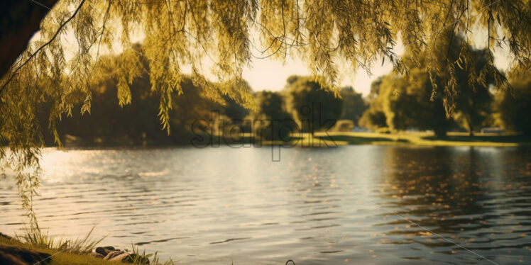 A wonderful landscape with a willow tree on the shore of a lake - Starpik Stock