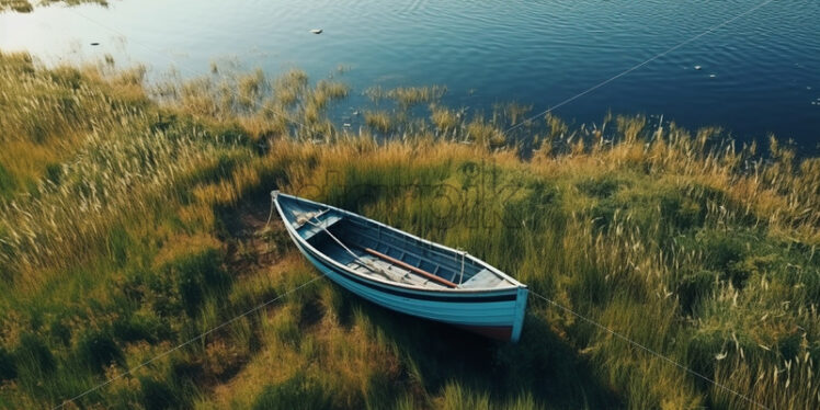 A wooden boat among the tall grass of a lake aerial view - Starpik Stock