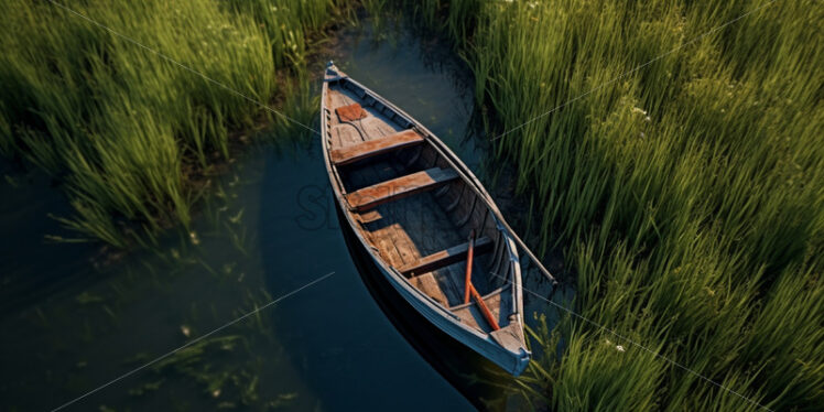 A wooden boat among the tall grass of a lake aerial view - Starpik Stock