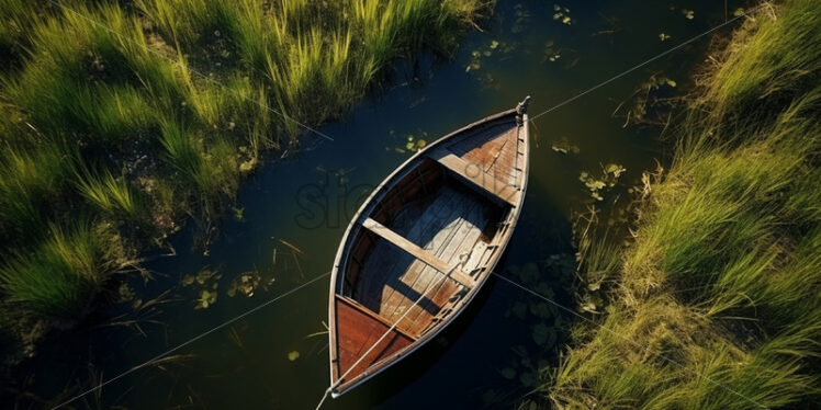 A wooden boat among the tall grass of a lake aerial view - Starpik Stock