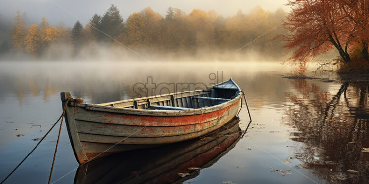 A wooden boat on a lake in the autumn fog - Starpik Stock