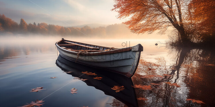 A wooden boat on a lake in the autumn fog - Starpik Stock