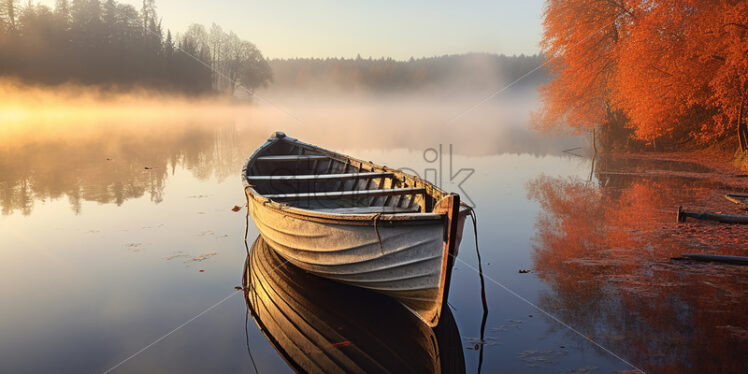 A wooden boat on a lake in the autumn fog - Starpik Stock