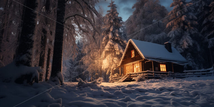 A wooden cabin in the forest in winter - Starpik Stock