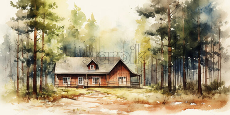 A wooden cabin in the forest, watercolor in clipart style - Starpik Stock