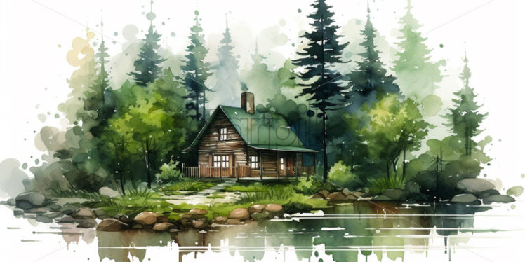 A wooden cabin in the forest, watercolor in clipart style - Starpik Stock