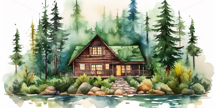 A wooden cabin in the forest, watercolor in clipart style - Starpik Stock