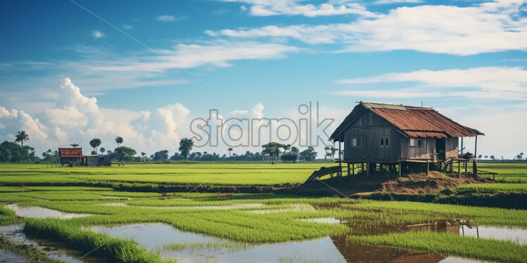 A wooden house, on a rice farm - Starpik Stock