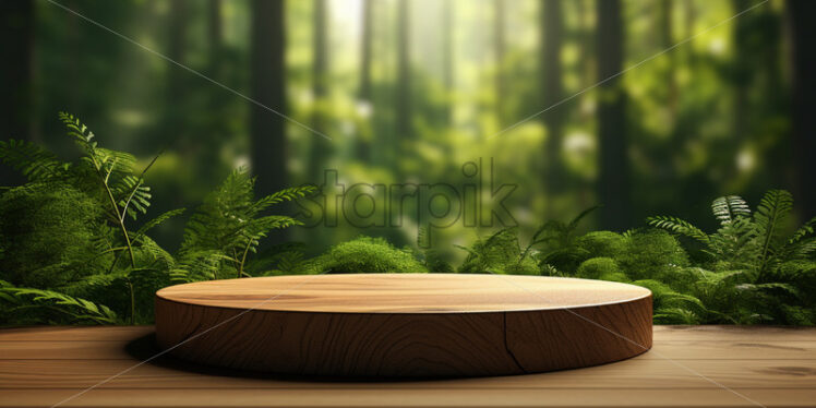 A wooden podium on the background of a forest - Starpik Stock