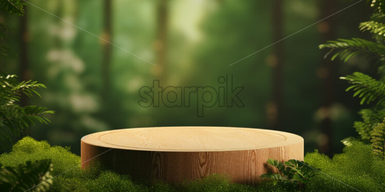 A wooden podium on the background of a forest - Starpik Stock