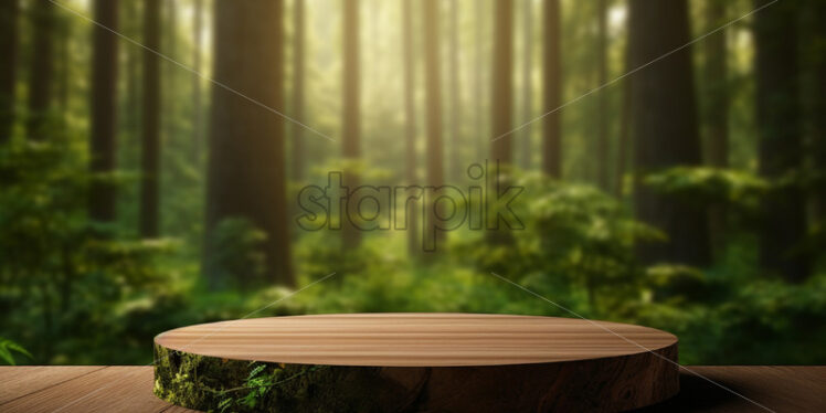 A wooden podium on the background of a forest - Starpik Stock