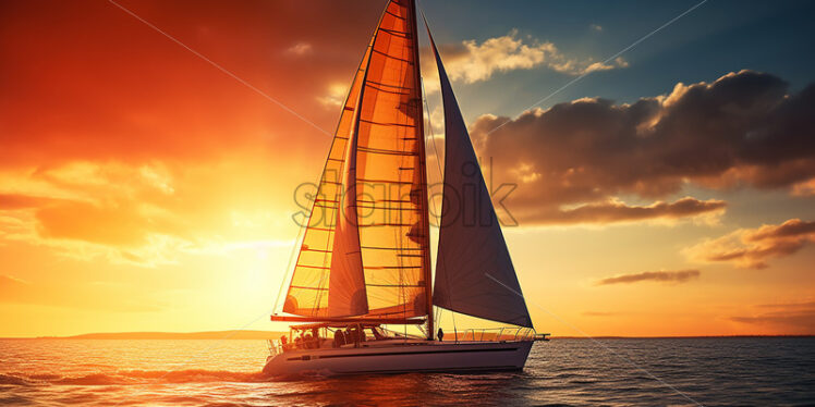 A yacht floating on an ocean at sunset - Starpik Stock