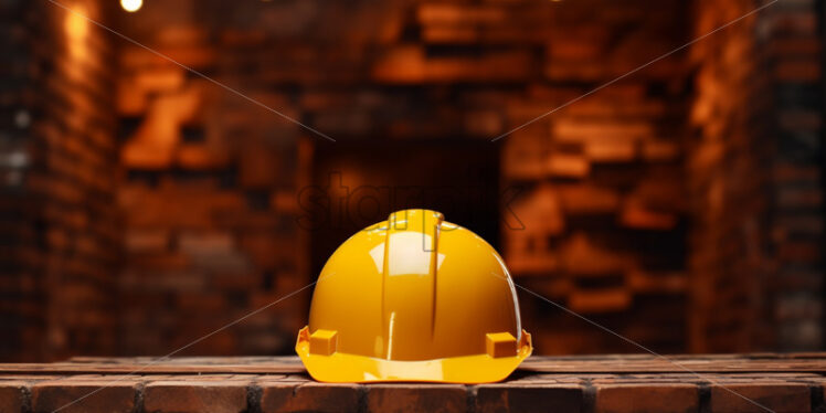 A yellow construction helmet on the background of a building - Starpik Stock