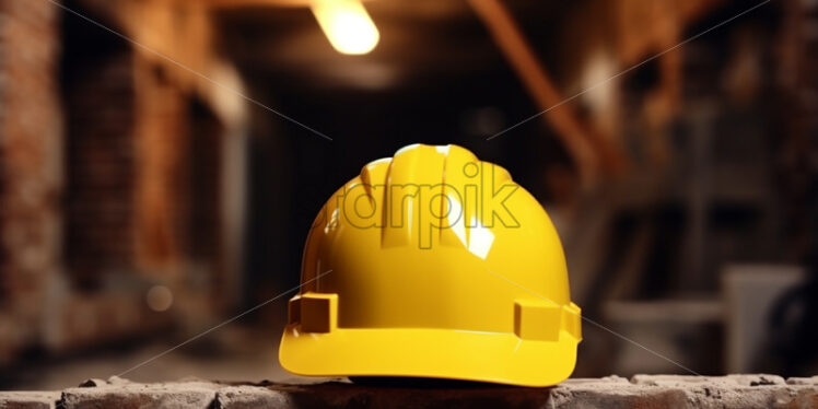 A yellow construction helmet on the background of a building - Starpik Stock