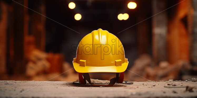 A yellow construction helmet on the background of a building - Starpik Stock