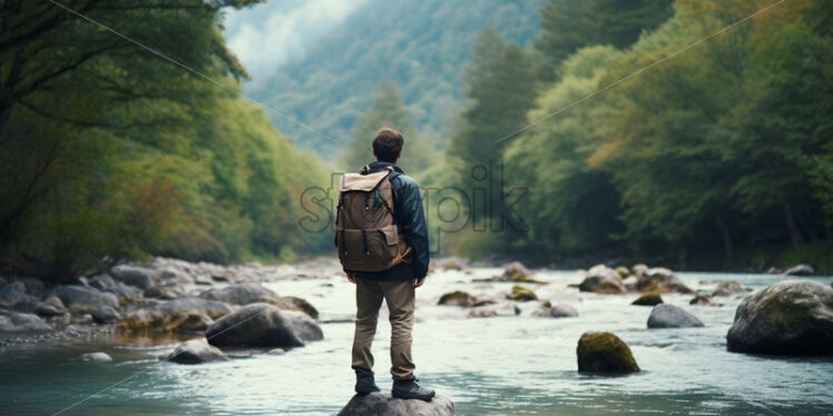 A young tourist on the bank of a river - Starpik Stock