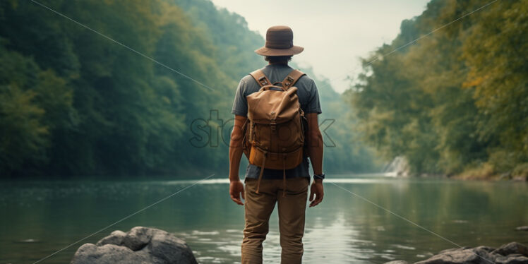 A young tourist on the bank of a river - Starpik Stock