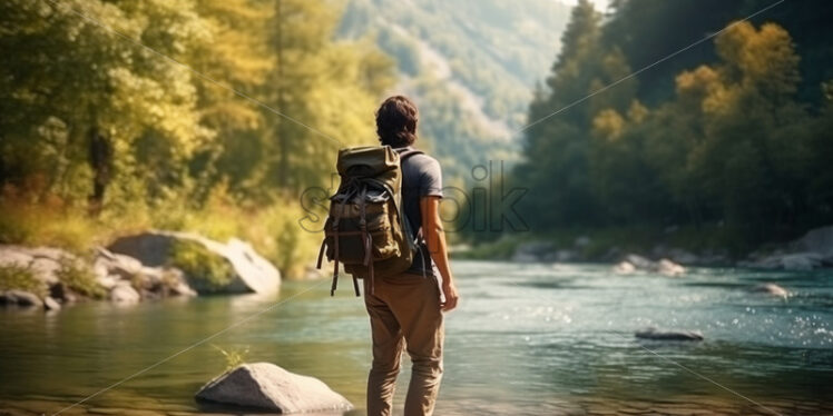 A young tourist on the bank of a river - Starpik Stock