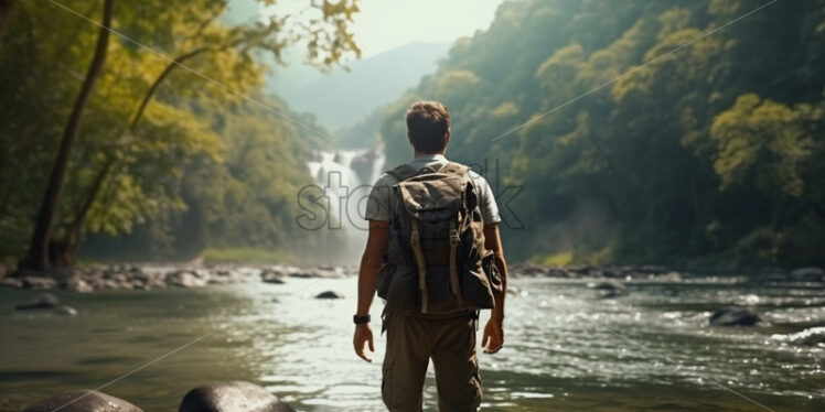 A young tourist on the bank of a river - Starpik Stock