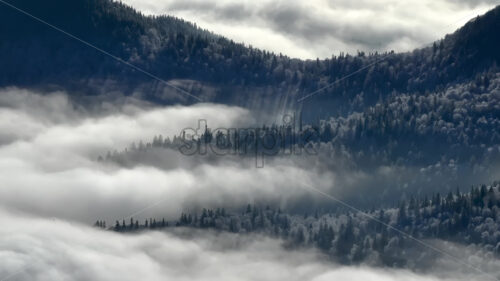 Aerial drone view of winter mountains with fog in Ceahlau National Park, Romania - Starpik Stock