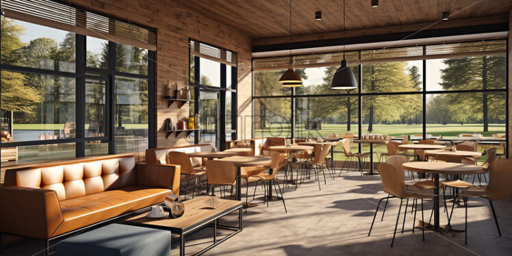 Aesthetic wooden Cafe in the country side with clear glass wall and classic wood table and chair, cozy couch with an elegant ambience with aesthetic theme - Starpik Stock