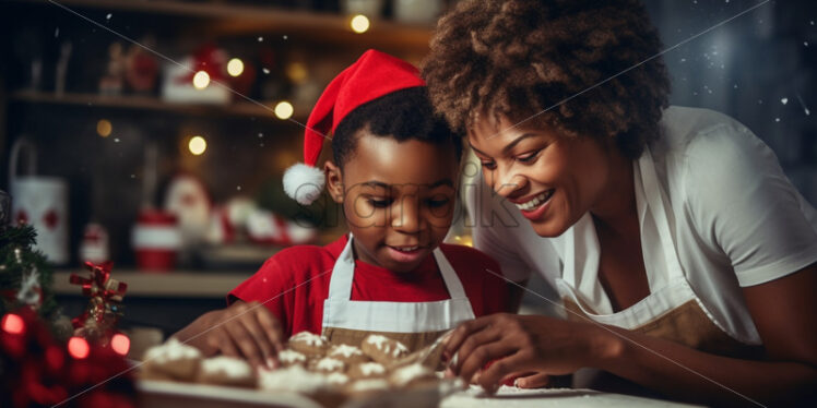 African Mother and son cooking cookies together for Christmas holidays - Starpik Stock